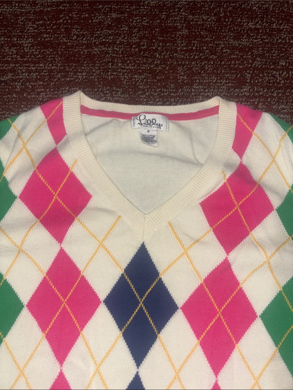 Vintage Lilly Pulitzer cream argyle long sleeve cotton sweater colorful girly S - Picture 4 of 11